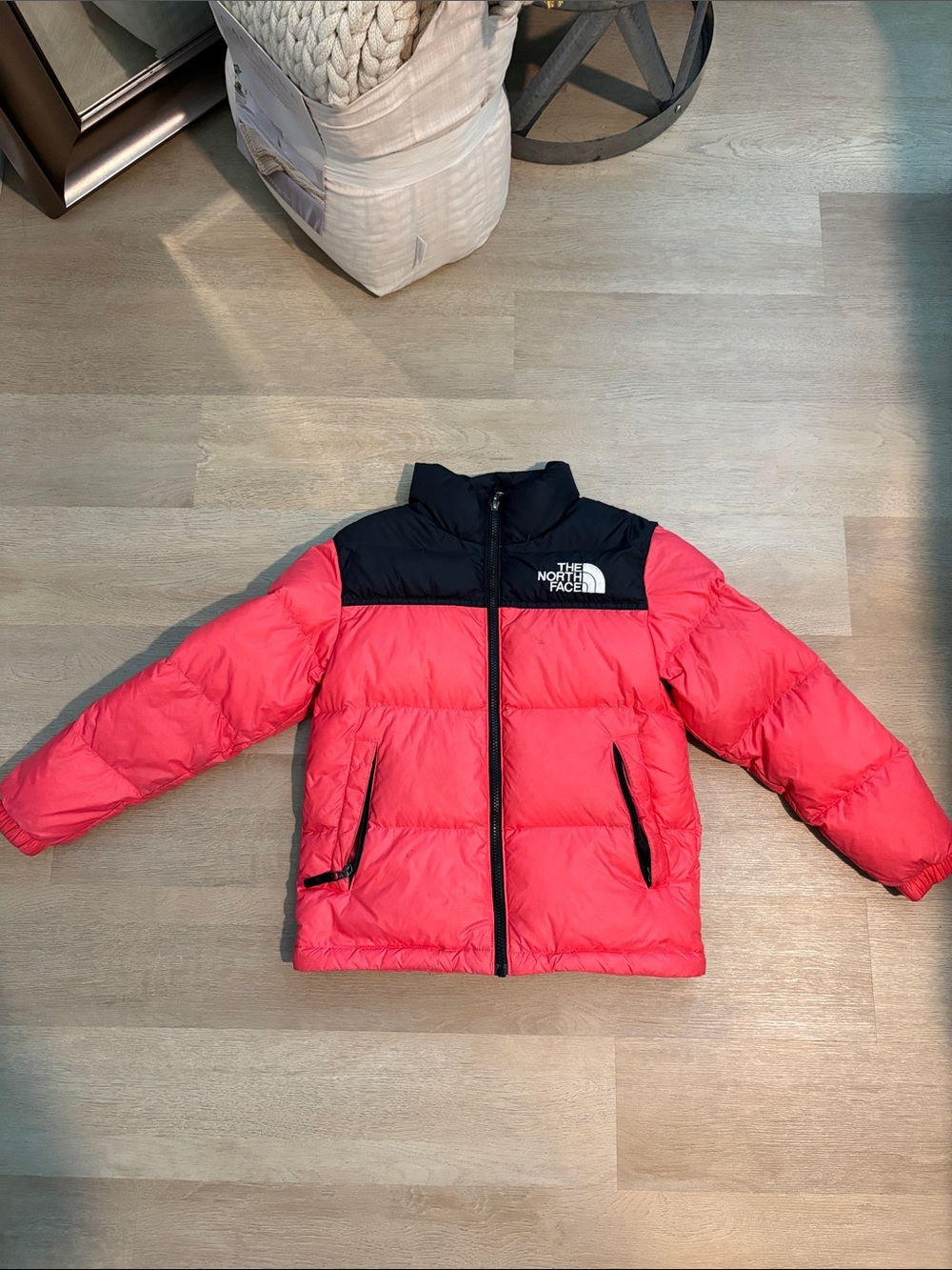 The North Face Kids Pink and Black Nuptse Coat